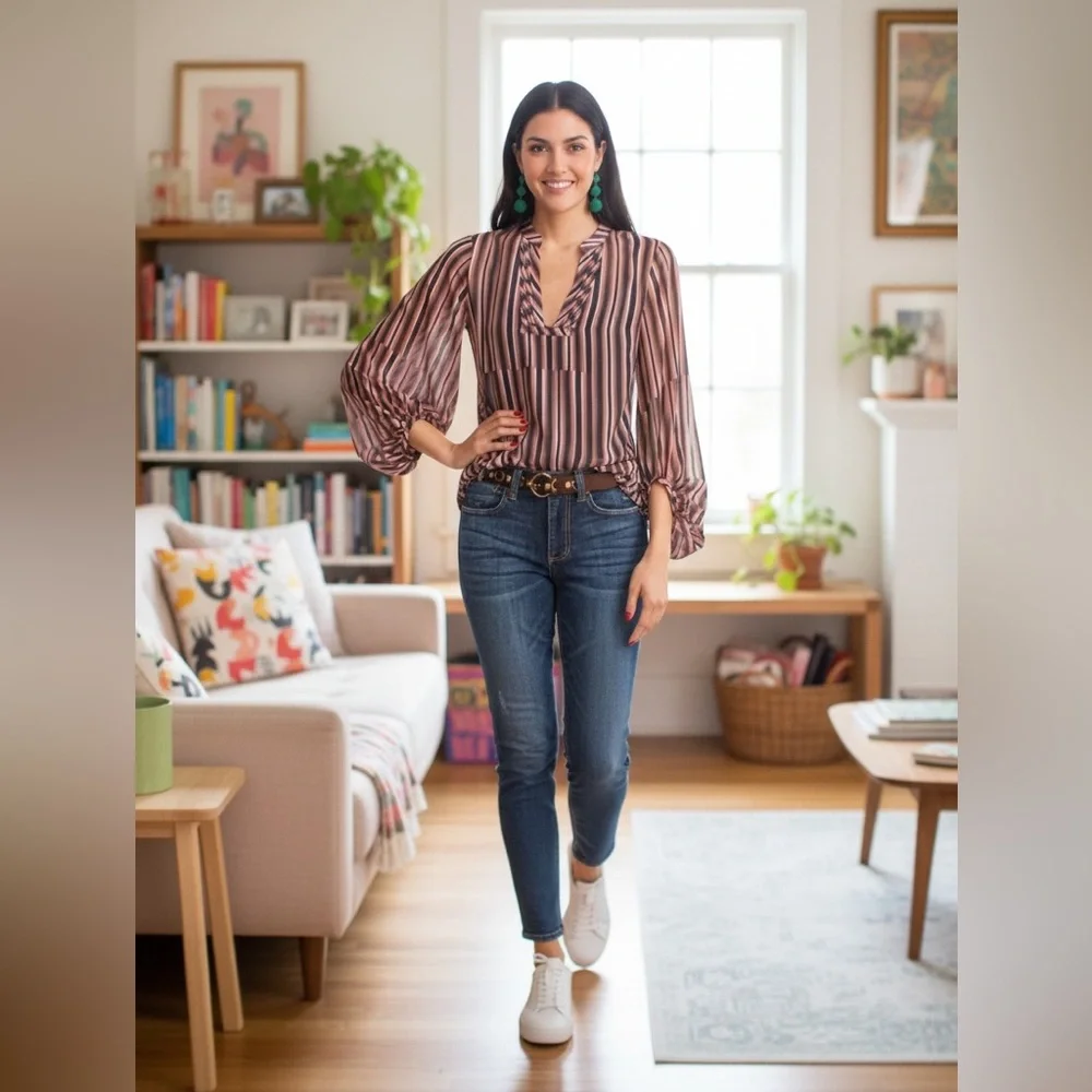 CAbi long sleeved, v-neck, striped sheer pullover‎ blouse. Navy, red, green. - Picture 2 of 12